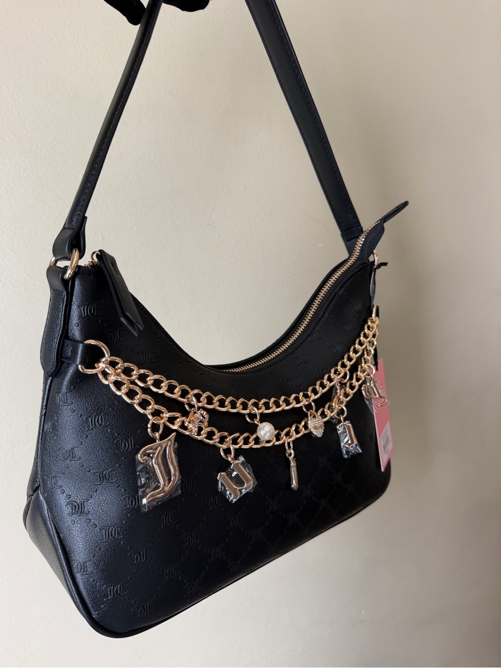 Juicy Couture Black Shoulder Bag with Gold Charm Chain. NWT
